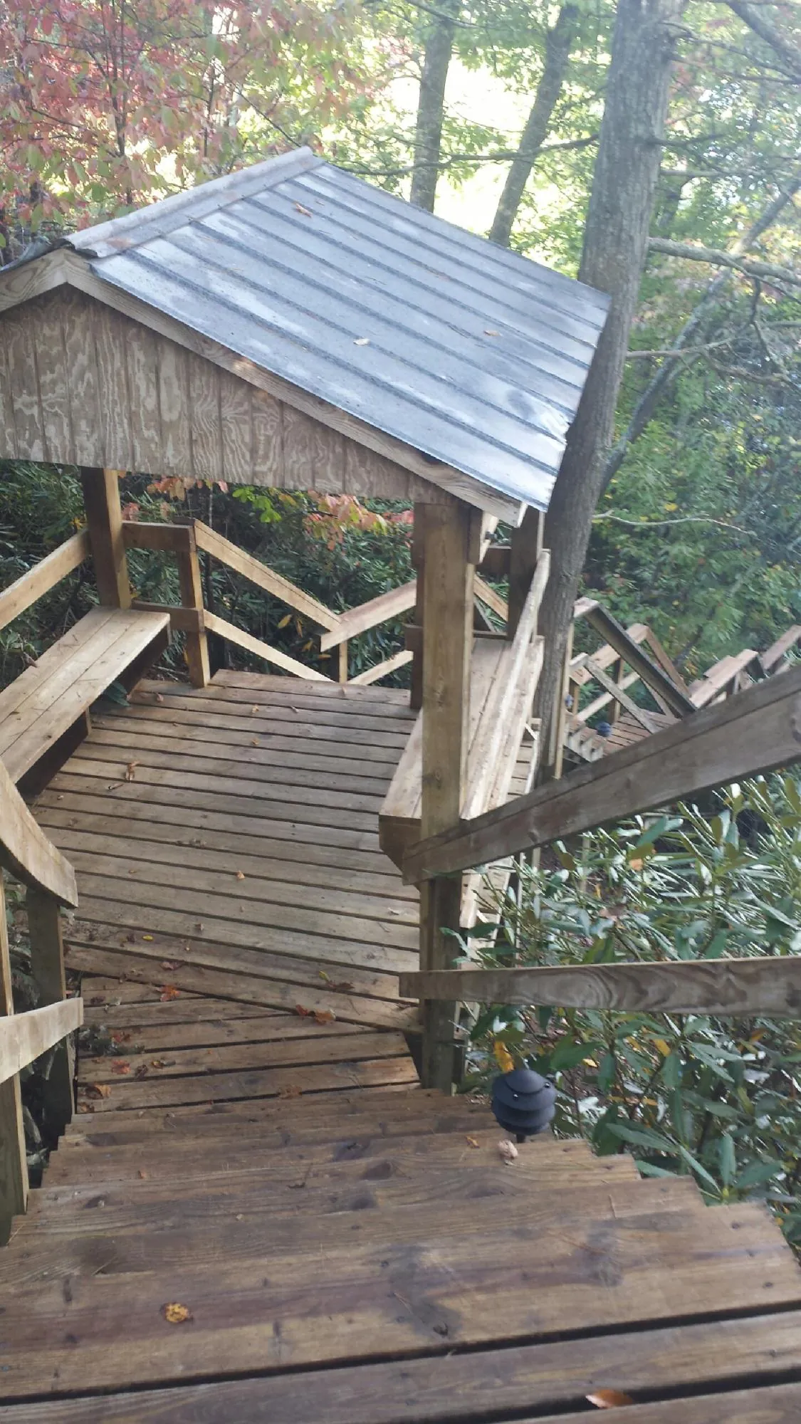 Metal roofed shelter over wooden steps on a wooded walkway — Skylight Repair & Installation work by our crew in Tuttle